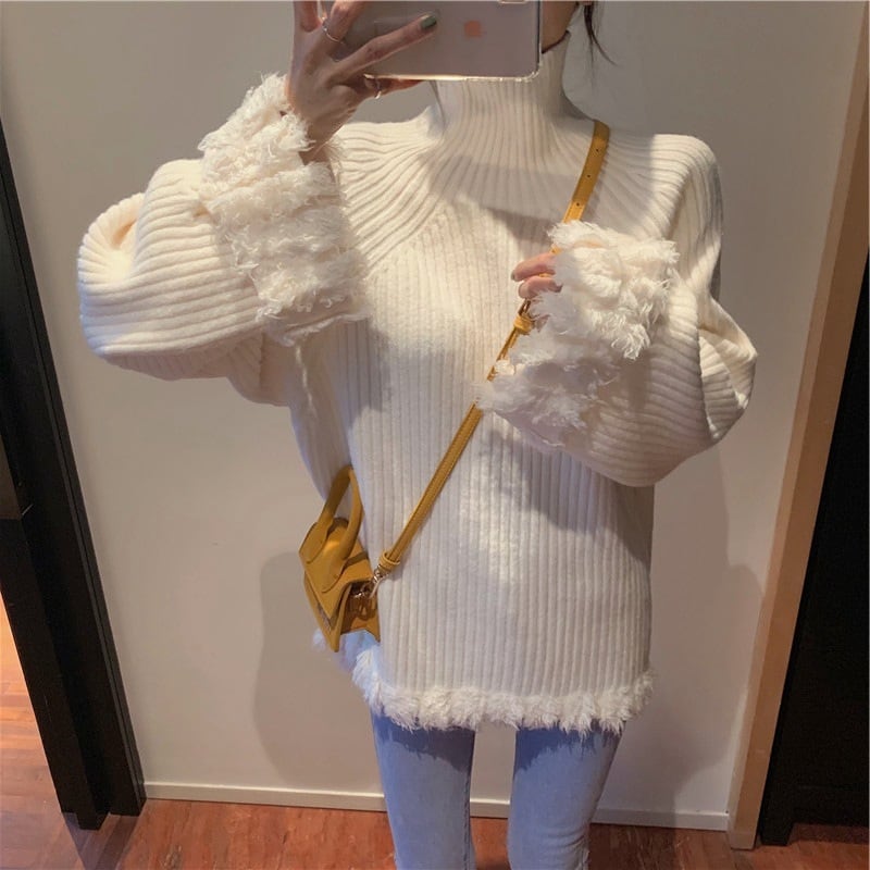 【tops】ハイネック長袖ファッション無地ゆったり着回しニットセーターF0840