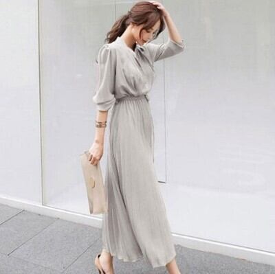 【dress】韓国風 好感度UP!気質満点レトロ着痩せ長袖シフォンワンピース