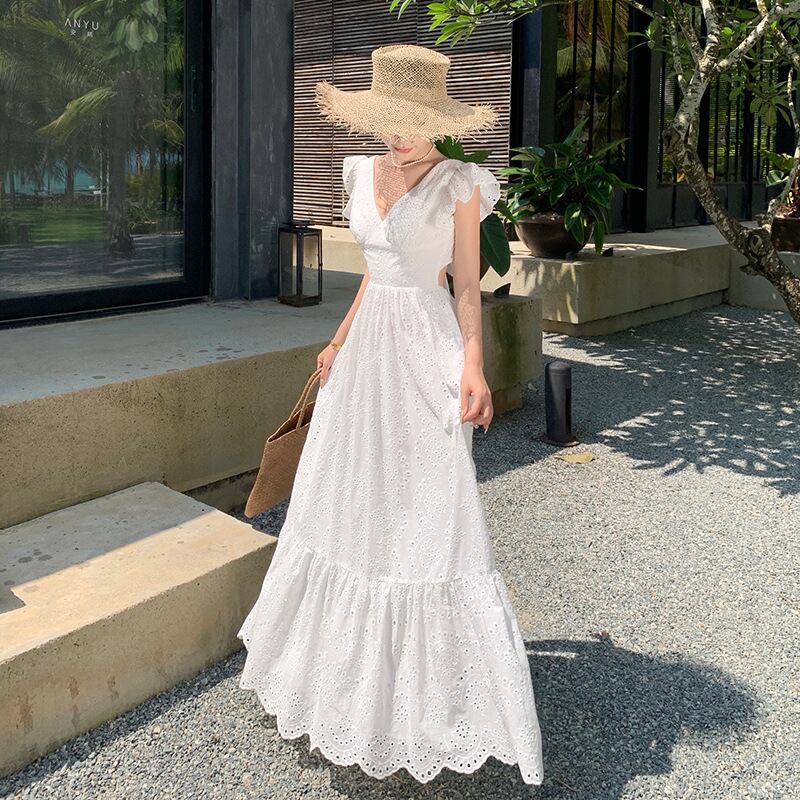 【dress】Vネック透かし彫り海旅行ワンピースF6080