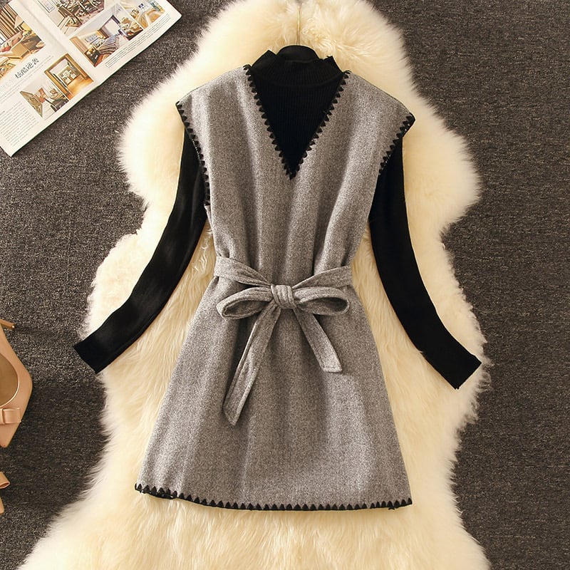 【set】好感度UP!気質満点レトロ長袖セーター+オシャレベストエレガント２点セット G3815