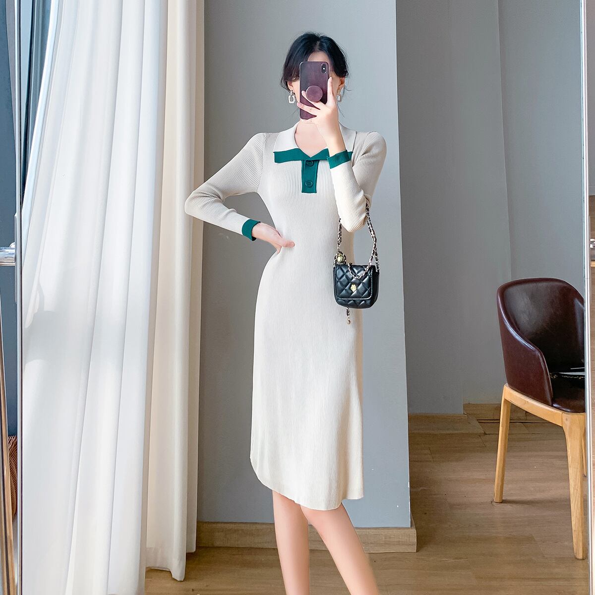 【dress】折り襟ニットワンピース　M18990