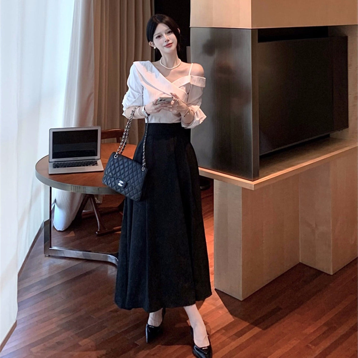 【set】オフショルダートップス×ロングスカートセット     N2688