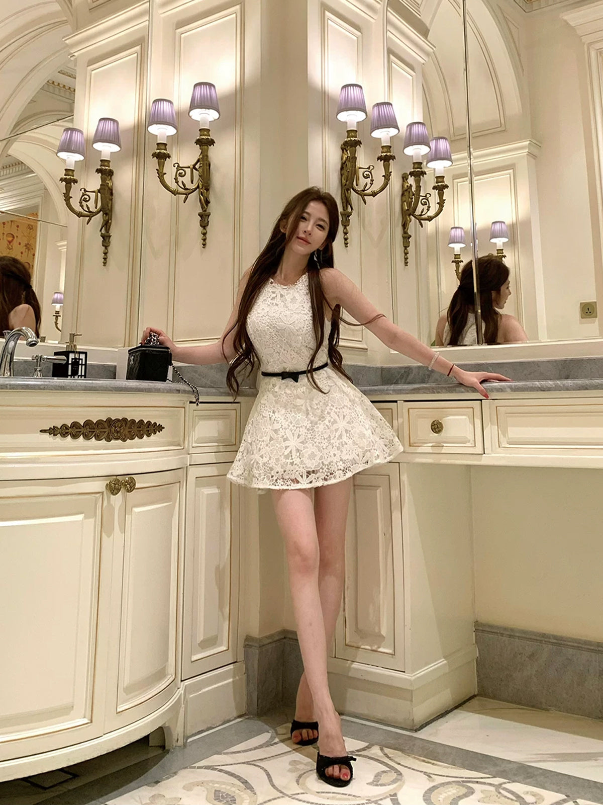 【dress】リボンベルトレースワンピース Q8755