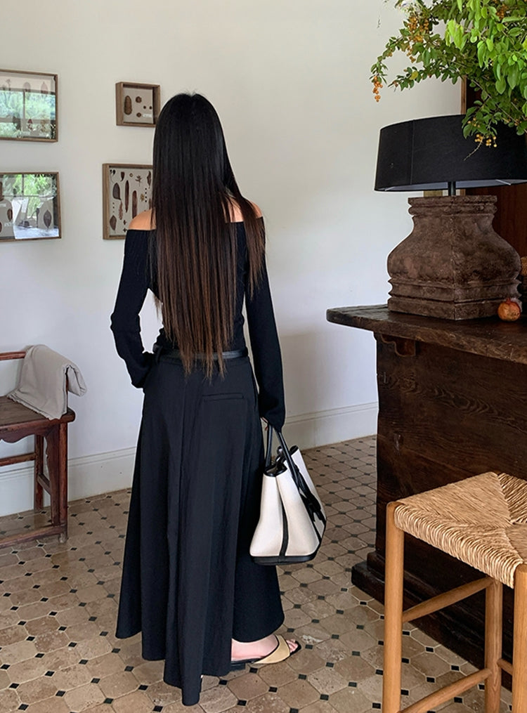 【dress】ベルト付きニットドッキングロングワンピース Q8926