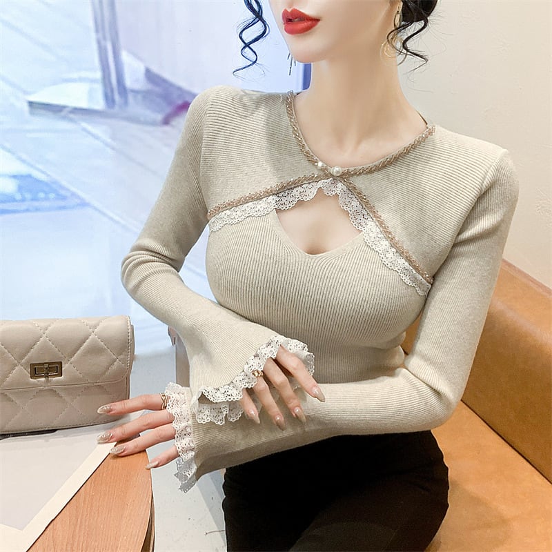 【tops】ビジューレース切り替えニットトップス　M27966