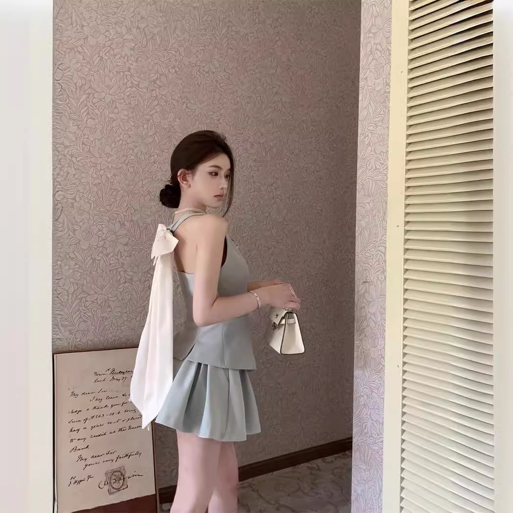 【set】Vネックリボンスーツチョッキ+スカート２点セットG21405