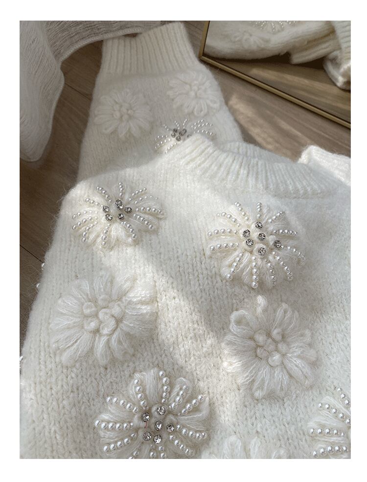 【tops】立体フラワーパールニットトップス　N2807