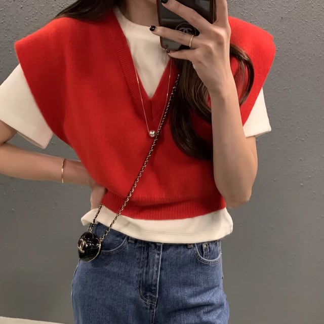 【tops】4色VネックニットベストF7425