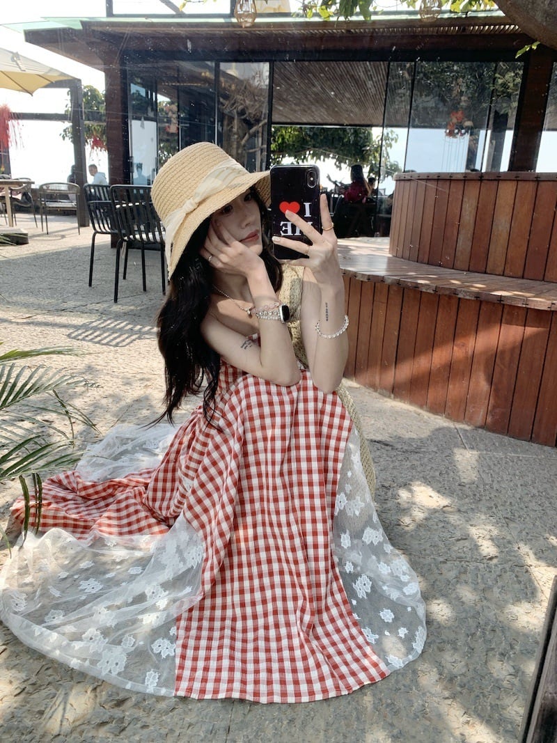 【dress】レースドッキングチェック柄ワンピース　M29795