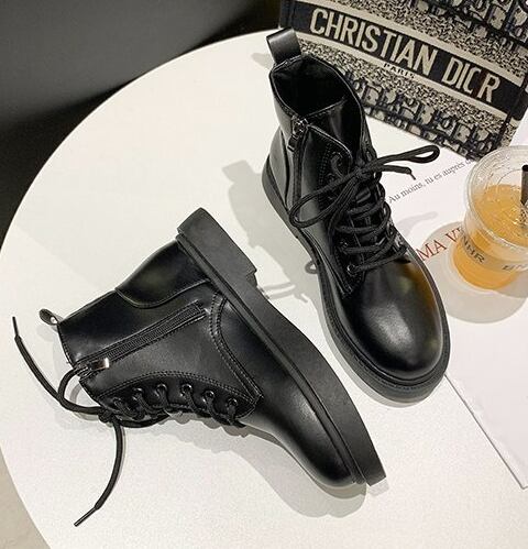 【shoes】秋新作無地おしゃれ履きやすいジッパー付き美脚魅せラウンドトゥマーティンブーツF0975