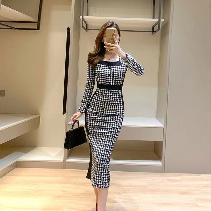 【dress】今季トレンド韓国風INS風スクェアネック長袖千鳥柄ウェスト絞りタイトワンピースF4017