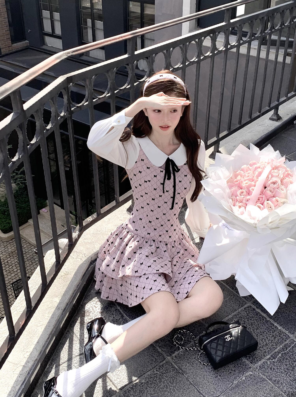 【dress】ピーターパンカラーフェイクレイヤードワンピース Q7570