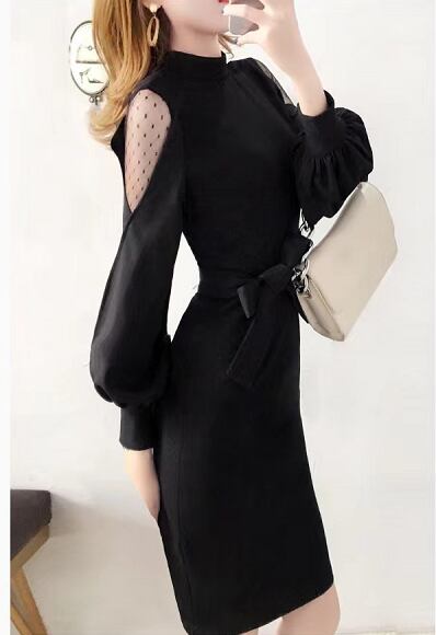 【dress】オシャレ度満点〜韓国風INS風長袖切り替え蝶々結び韓国ファッション無地タイトワンピースF3399