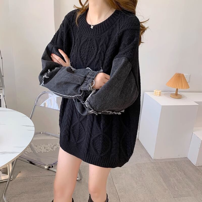 【tops】デニム切り替えニットセーター　M26797