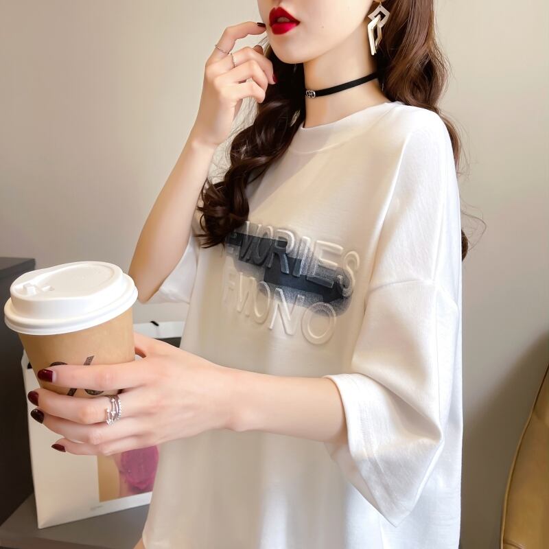 【tops】ラウンドネック半袖ゆったり着回し英字柄配色TシャツF0054