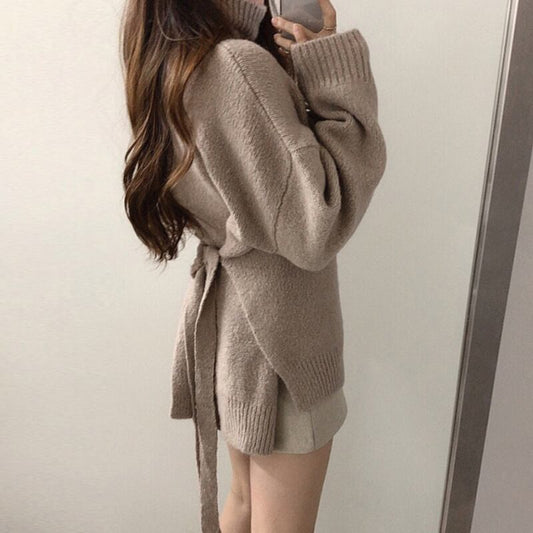 【tops】長袖体型カバーウエストリボン着回し無地ニットセーターF0947