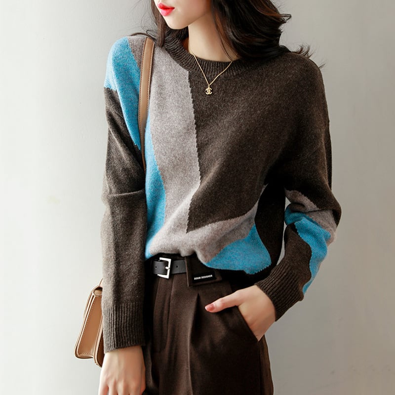 【tops】配色ニットセーター　M25417