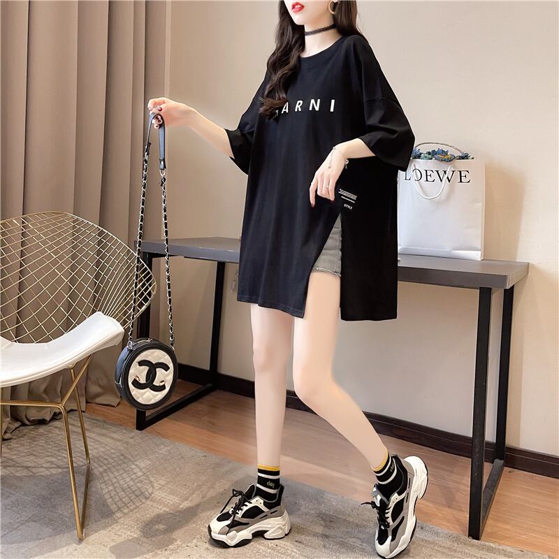 【tops】ラウンドネック半袖大きいサイズゆったりスリットTシャツF0074