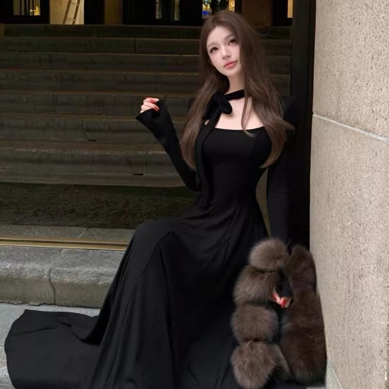 【dress】スクエアネックロングニットワンピース Q8200