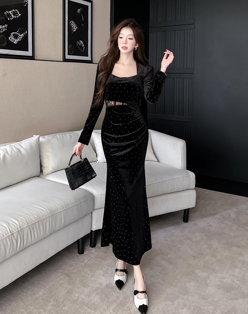 【dress】スクエアネックレースドッキングロングワンピース Q7286