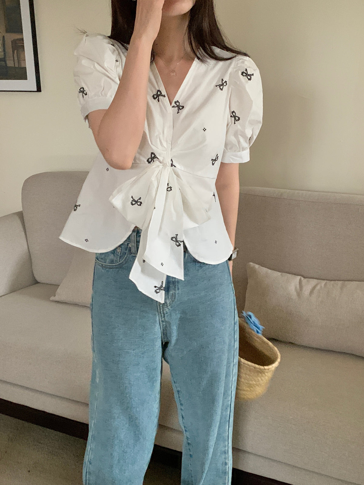 【tops】リボンプリントシャツトップス　M23890