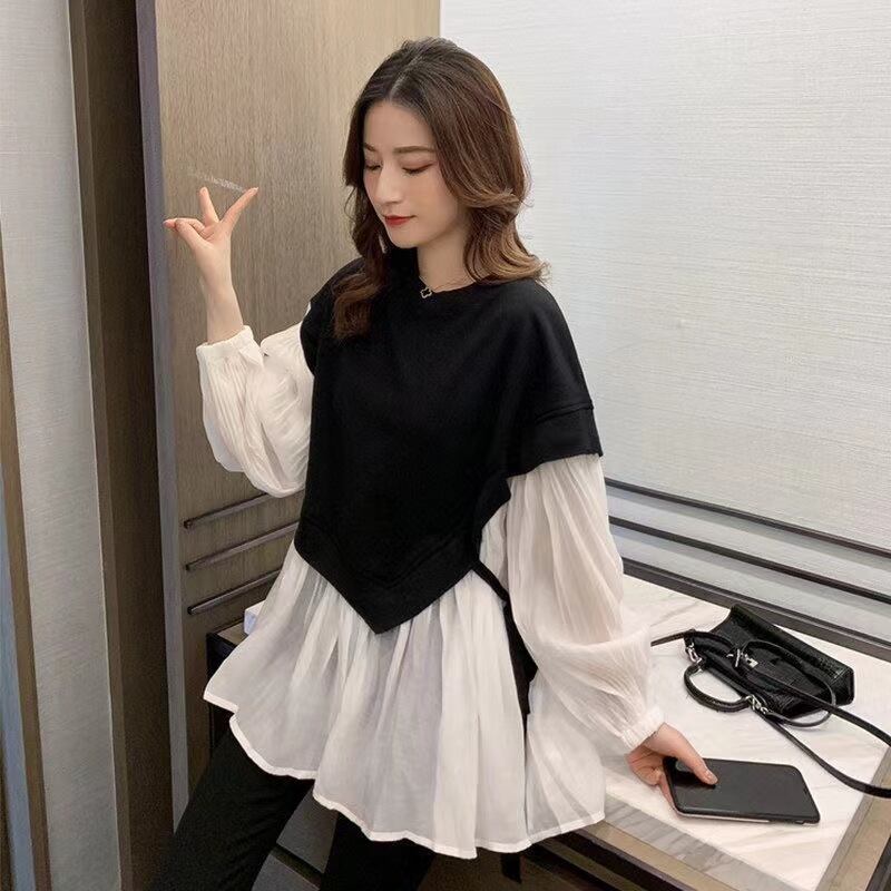 【tops】話題沸騰中ラウンドネック長袖ランタンスリーブ韓国風配色フリル偽二つ切り替えブラウスF1763