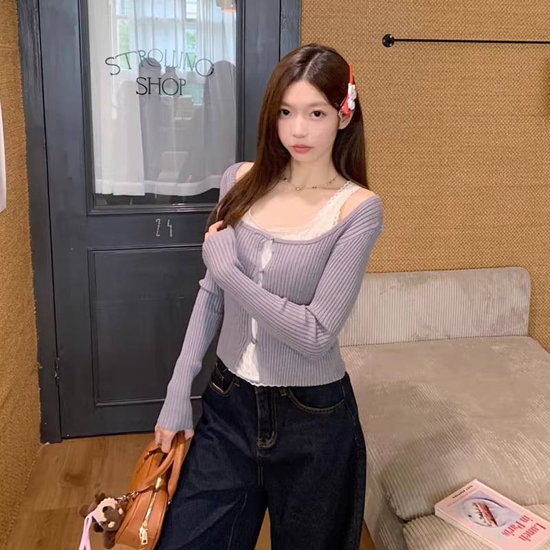 【tops】フェイクレイヤードニットトップス Q8152