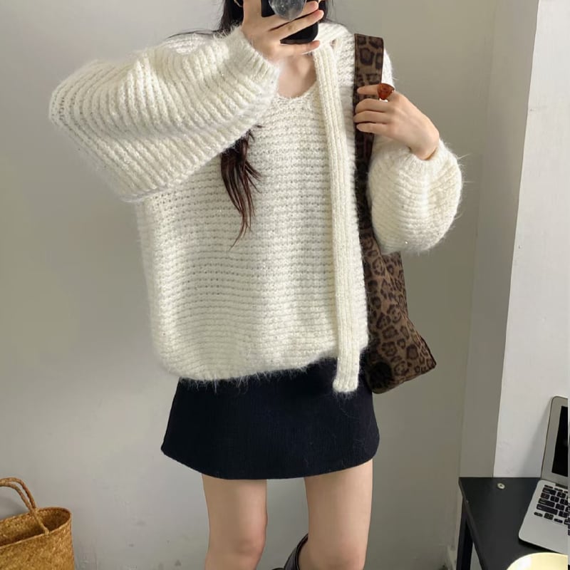 【tops】スカーフ付きニットトップス Q7165