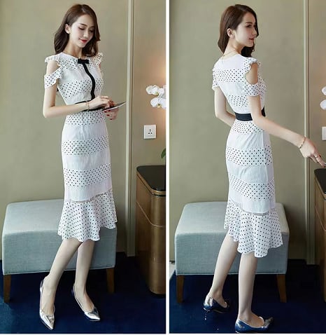 【dress】清新合わせやすいラウンドネック半袖肩開きウェスト絞りドット柄メッシュ切り替えマーメイドワンピースF2629