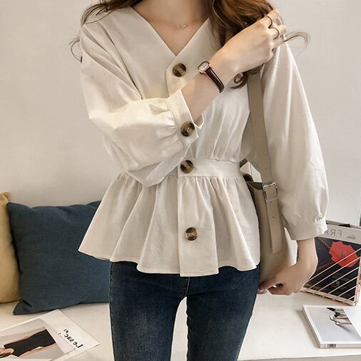【tops】好感度満載!Vネック長袖ギャザーウェスト絞り無地ブラウス