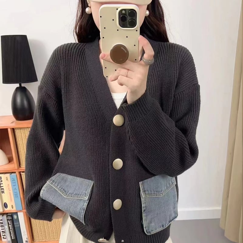 【outer】デニムポケット付きカーディガン Q6364