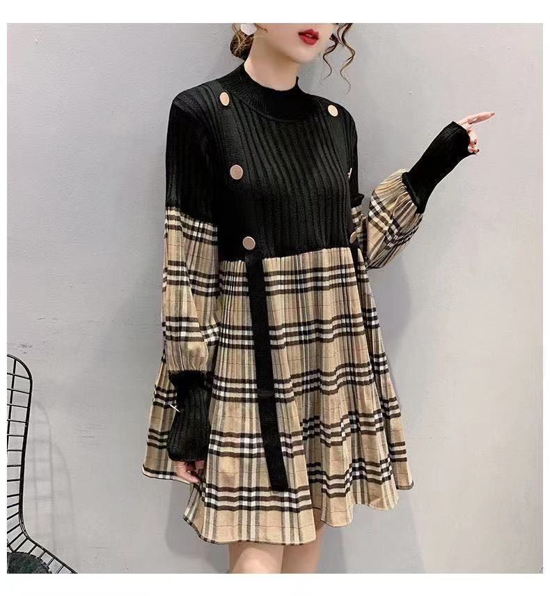 【dress】長袖切り替えチェック柄ワンピースF8136