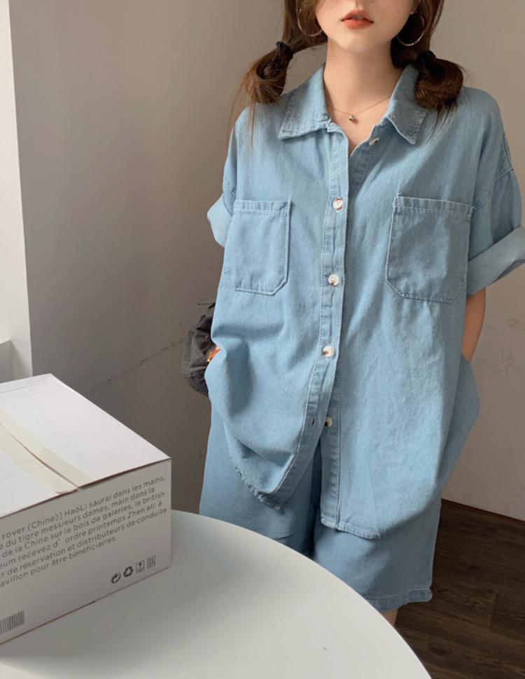 【set】デニムブラウス+ショートパンツ２点セットG21288