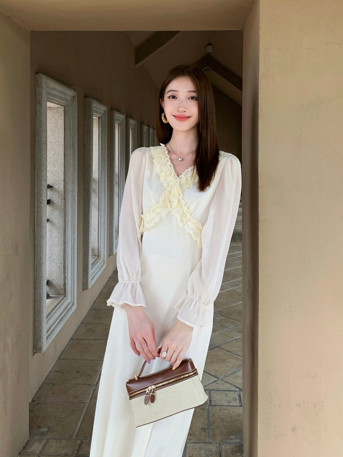 【dress】ギャザーフリルロングワンピース Q8933