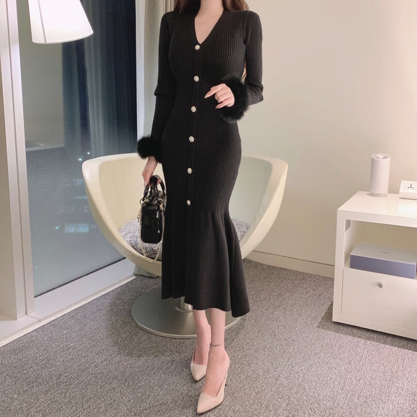 【dress】袖ファー マーメイドニットワンピース　M26156