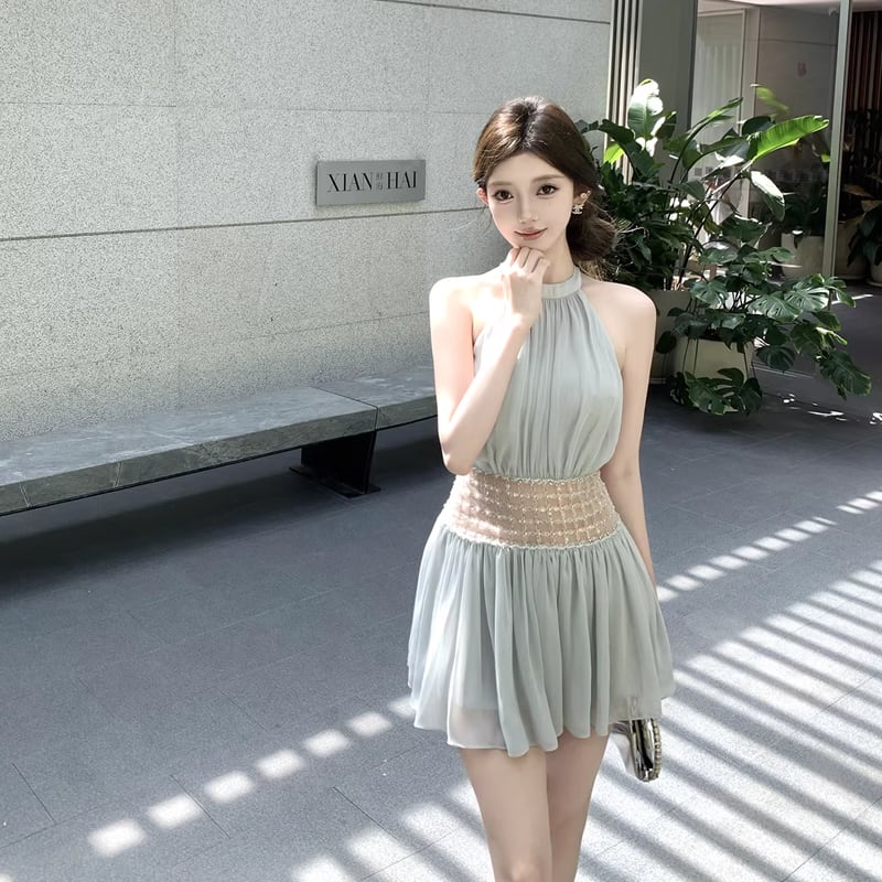 【dress】ビーズ付きノースリーブチュールミニワンピース Q8406
