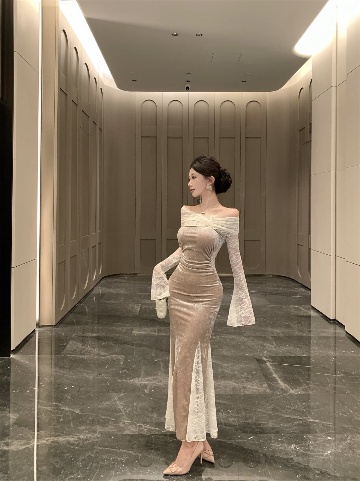 【dress】オフショルダーレースマーメイドワンピース Q7879