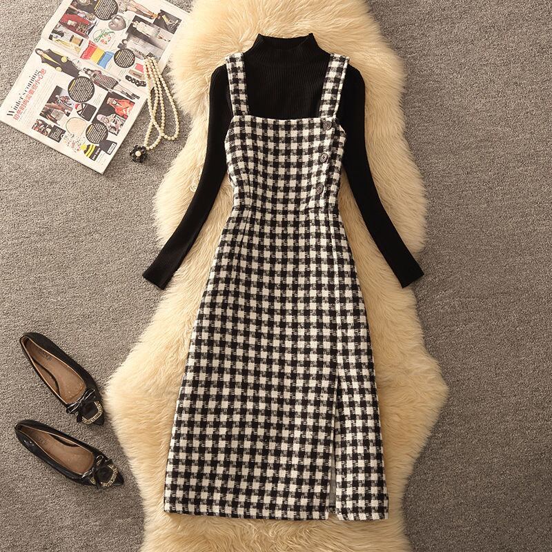 【dress】スリットチェック柄ツイードワンピース　N2263