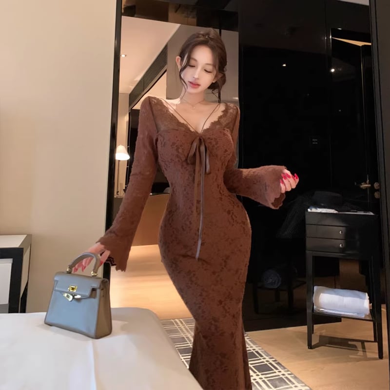 【dress】胸パット付きロングレースワンピース Q8167