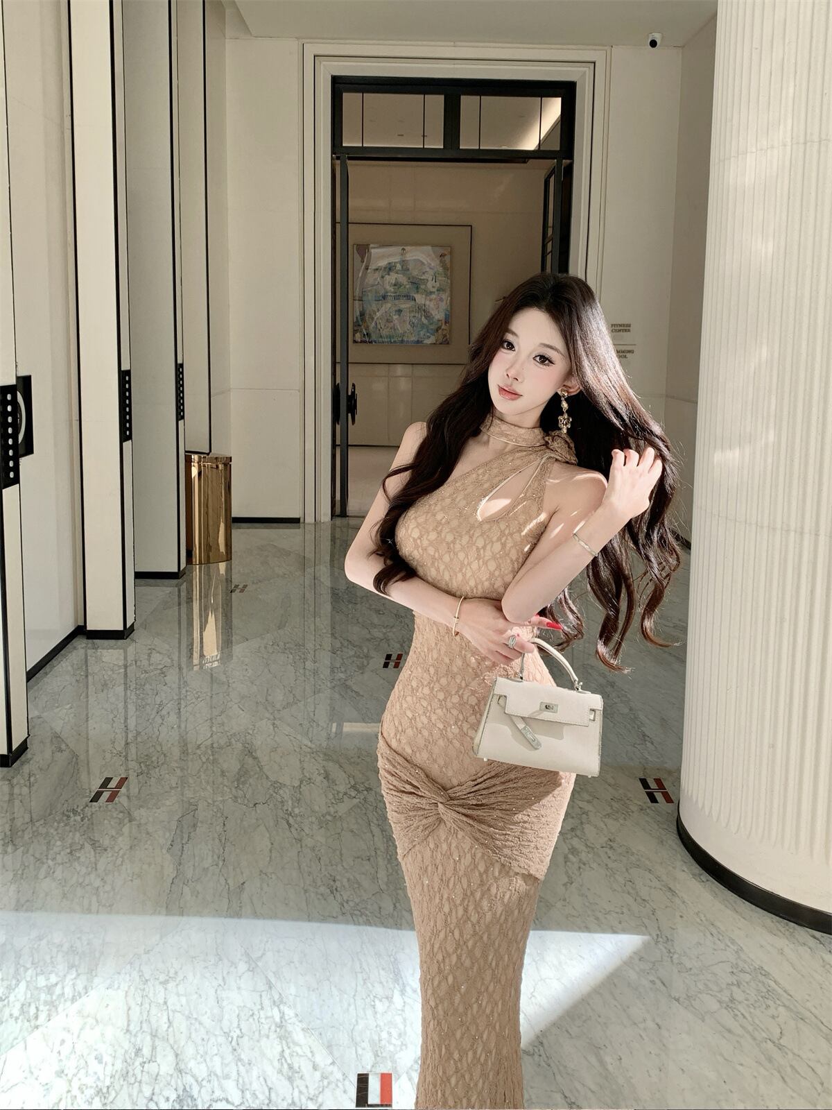 【dress】ワンショルダーレースロングワンピース Q7877