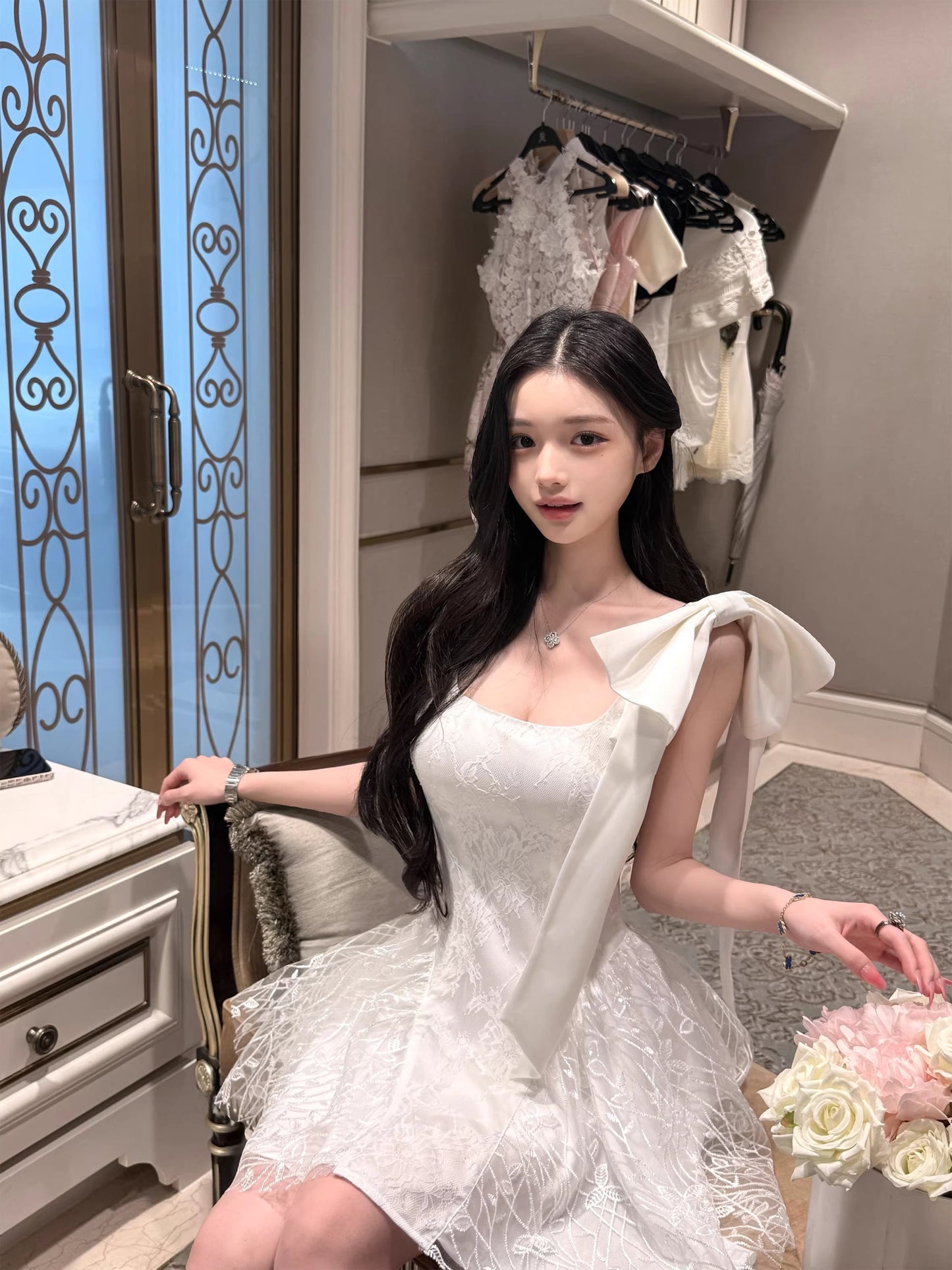 【dress】リボン付きレースキャミワンピース Q8385