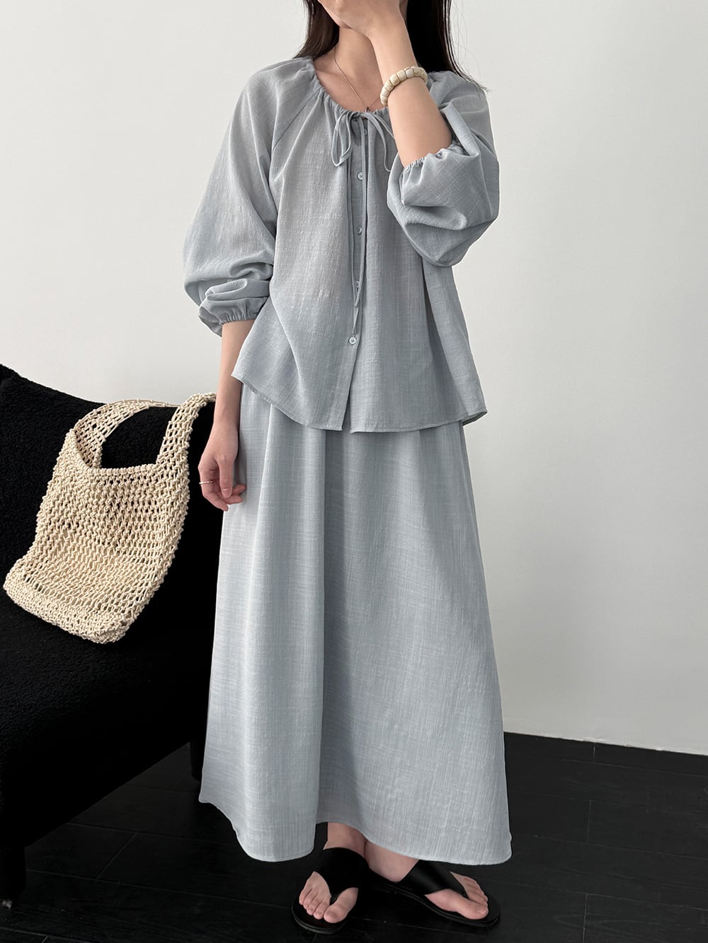 【set】リボン付きトップス×ロングスカートセット Q8324
