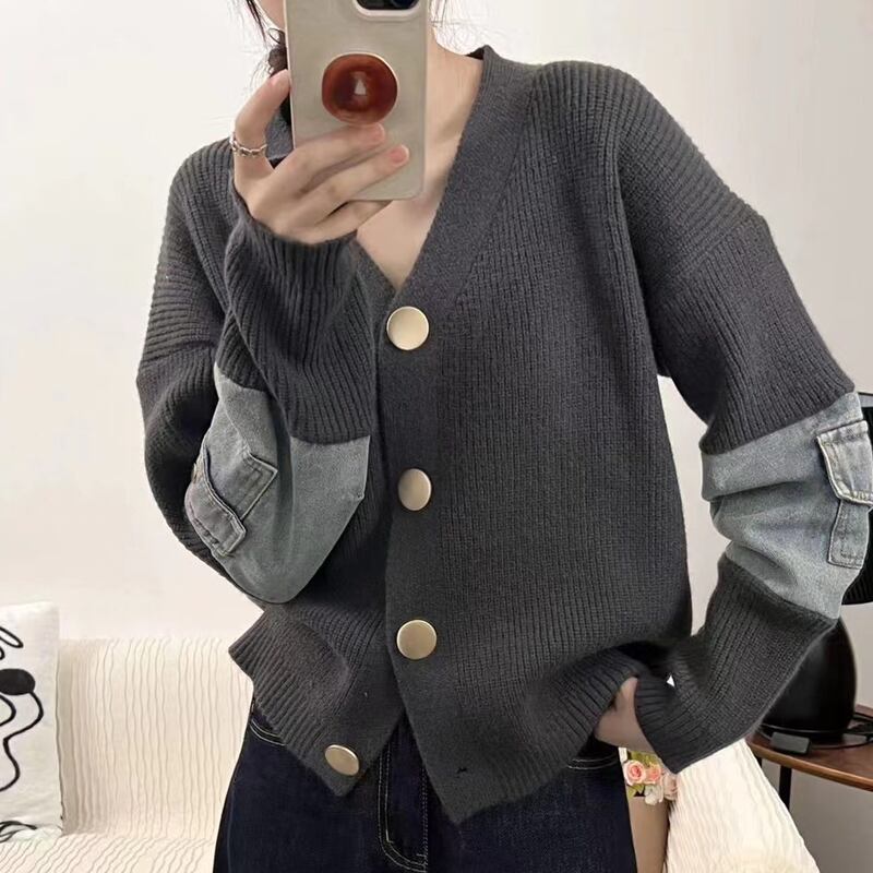 【tops】Vネックデニムドッキングニットトップス Q6369