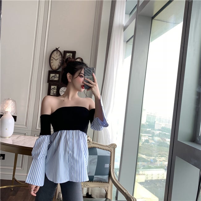 【tops】レトロセクシー気質満点ボートネック切り替え体型カバーストライプ柄シャツ G8793