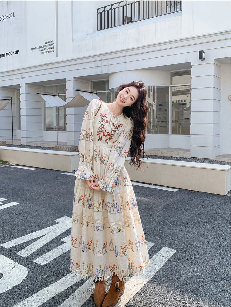 【dress】フリンジ付き花柄ロングワンピース Q8225