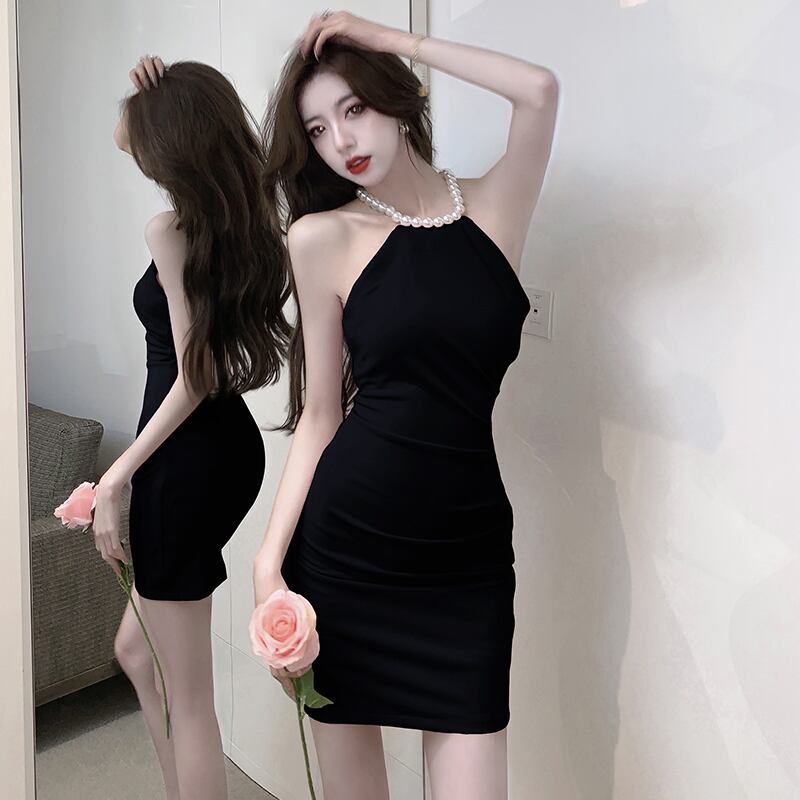 【dress】高級感!フランス風気質満点夏セクシー体型カバー着痩せパールホルターネックワンピース G7859