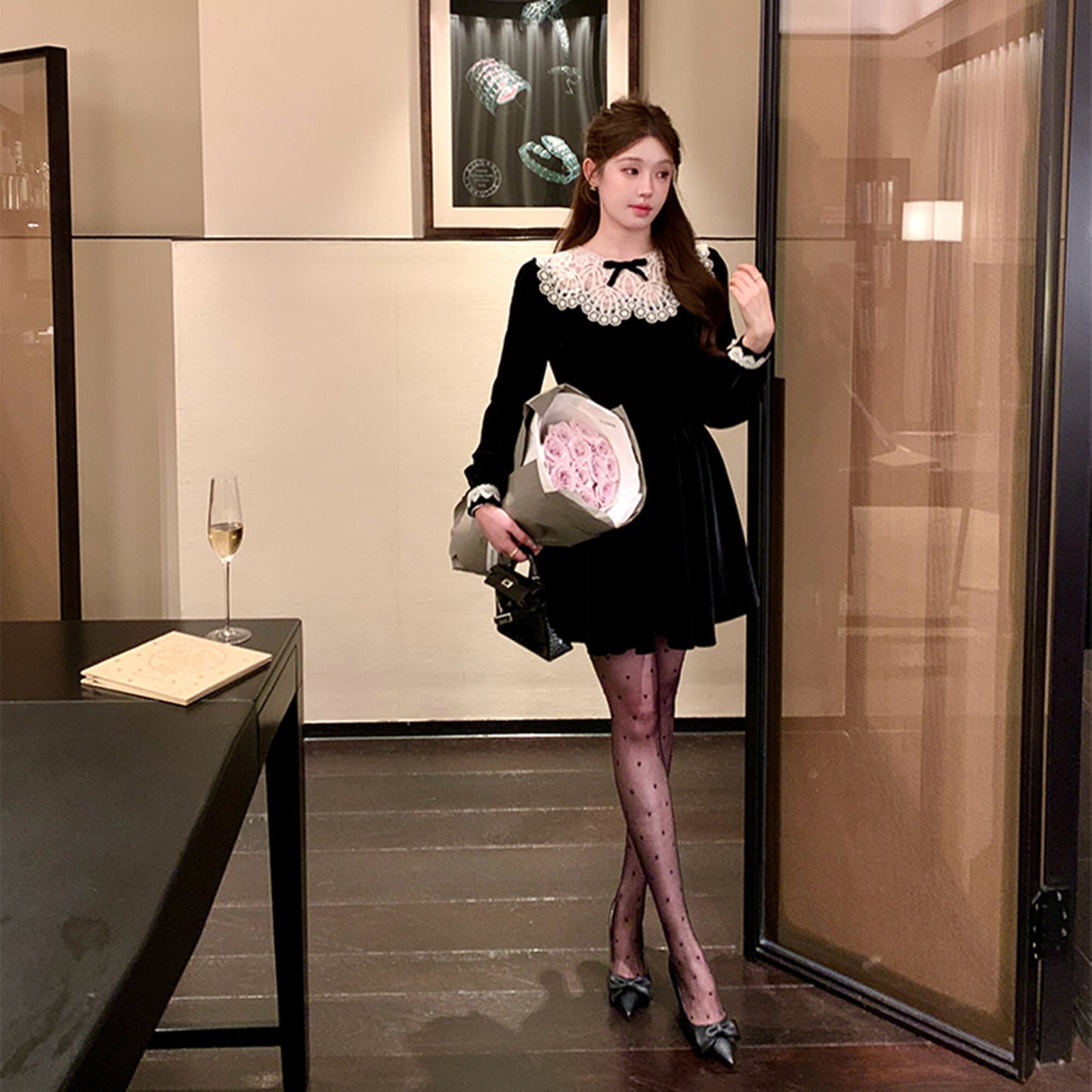 【dress】レースドッキングベロアワンピース　N3415