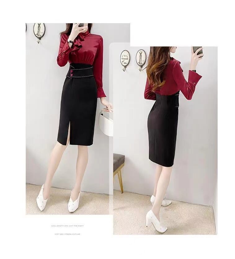 【dress】女性力を高める〜スリット長袖体型カバー配色切り替えおしゃれ春タイトワンピースF1602