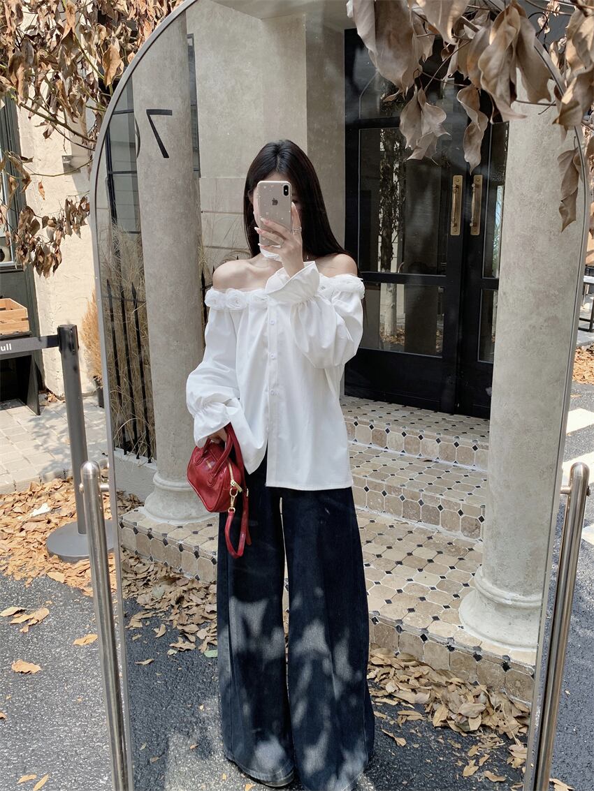【tops】ボートネック立体フラワーシャツトップス　M29555