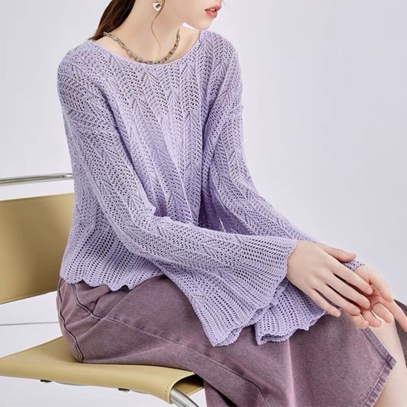 【tops】フレアスリーブ透かし彫りニットトップスG20244